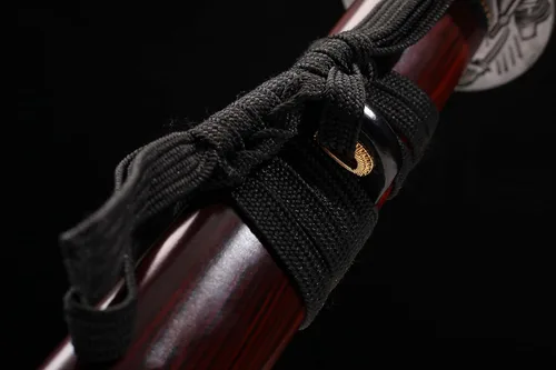 Vista 5 de Espada samurai japonesa hecha a mano, Katana de acero T10 de 41 pulgadas, hoja templada de arcilla es resistente y afilada (marrón)
