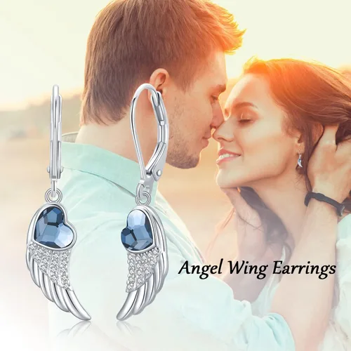 Vista 6 de Aretes hipoalergénicos de anclaje, celta, ángel, para mujeres y niñas, de plata de ley 925, con forma de corazón azul, celta, alas, anclaje