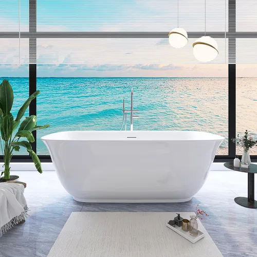 Vista 15 de Bañera independiente de 59", bañera independiente de acrílico puro, elegante bañera independiente contemporánea de remojo profundo, certificada cUPC