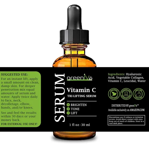 Vista 3 de GreenIVe Suero de vitamina C para cara con ácido hialurónico y colágeno vegetal, suero facial hidratante Tri-Lifting - Cuidado de la piel iluminador