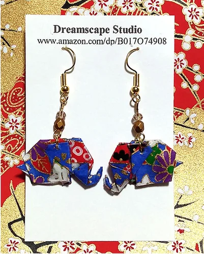 Vista 3 de Royal Blue Red Purple Paper Origami Elephant Dangle Earrings,Birthday 1st Anniversary Good Luck Gift
