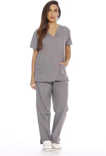 Vista 13 de Just Love Juego de uniforme médico para mujer de seis bolsillos con cuello en V y pantalón cargo Negro