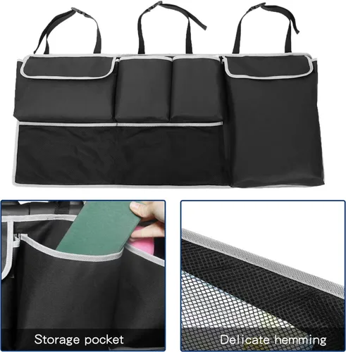 Vista 8 de UNUSTRENGH - Organizador de maletero para asiento trasero de automóvil, organizador plegable de carga con 6 bolsillos grandes y 3 correas ajustables