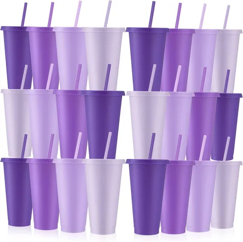 Vista 10 de Skylety - 12 vasos de plástico con purpurina azul con tapas y pajillas, 24