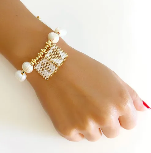 Vista 5 de LESLIE BOULES Pulsera de amor escapular de oro blanco para mujer cuentas de perlas barrocas Barroco Sin gemas