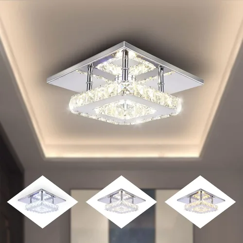 Vista 10 de Pequeña Lámpara de Araña LED de Cristal, Instalación Semiempotrada, Lámpara de Techo Moderna de Cristal para Dormitorios, Comedores, Pasillos