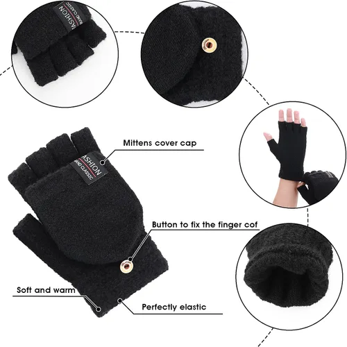 Vista 20 de THINP Guantes sin dedos para mujeres y hombres, guantes de invierno, guantes de lana cálida de punto sin dedos con tapa, guantes convertibles