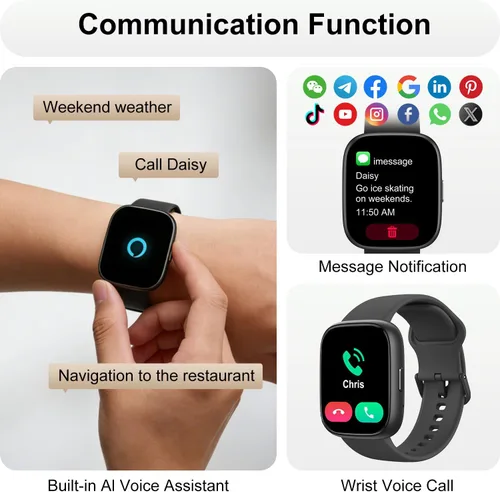 Vista 3 de Reloj inteligente con Alexa y llamadas Bluetooth, pantalla táctil HD de 1.83 pulgadas, reloj de fitness con monitor de frecuencia cardíaca/sueño, 30