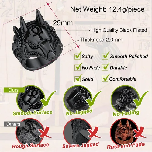 Vista 6 de FaithHeart Anubis - Anillos para hombres y mujeres, joyería de acero inoxidable resistente, anillo de amuleto de cruz Ankh, embalaje delicado, Acero