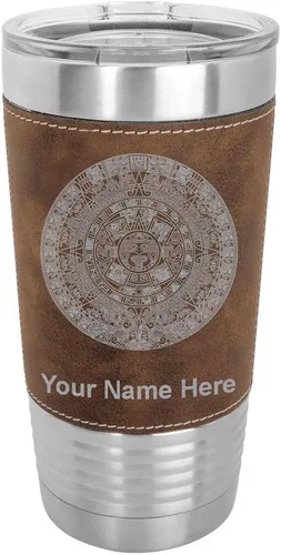 Vista 10 de LaserGram Vaso aislado al vacío de 20 onzas, calendario azteca, grabado personalizado incluido (piel sintética, estilo béisbol)