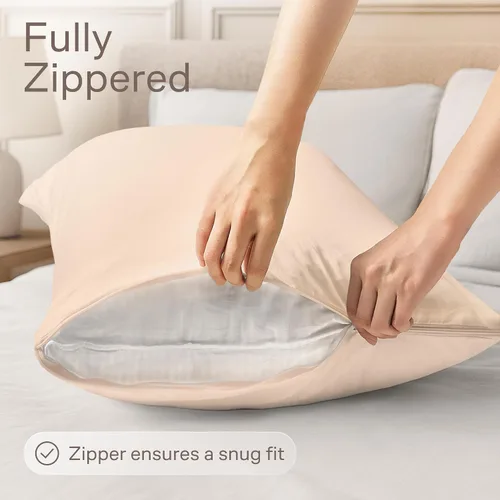 Vista 3 de Juego de 4 fundas de almohada ultrasuaves con cremallera tamaño Queen, 100% protección contra manchas, polvo y suciedad, lavables a máquina (beige)