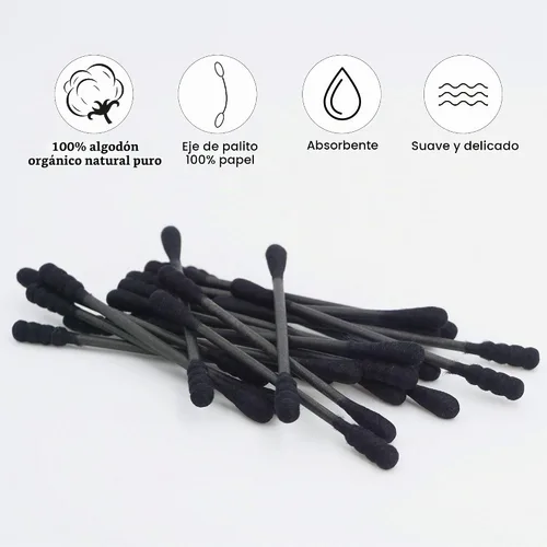 Vista 5 de Hisopos de algodón negro en espiral, 200 unidades de algodón orgánico, gótico, para baño, firmemente envueltos, puntas de algodón de carbón, palillo