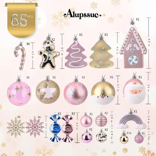 Vista 2 de Alupssuc Juego de 65 adornos de bolas de Navidad, bolas de plástico inastillables casa de jengibre dorada y estrella para la copa del árbol