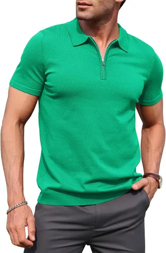 Vista 19 de RQP Camisas polo con cremallera para hombre, camisas casuales de punto de manga corta/larga, camisas de golf elásticas ajustadas, suéter suave