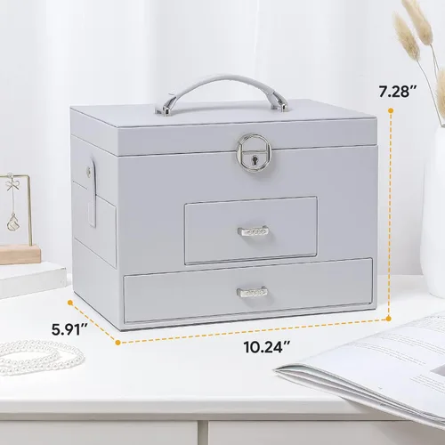Vista 2 de Homde Joyero organizador para mujeres y niñas estuche grande de almacenamiento de joyas con cajón collar aretes anillos reloj gafas de sol