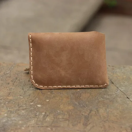 Vista 3 de Bolsillo frontal ultradelgado de cuero hecho a mano cartera simple delgada para tarjetas tarjetero cartera para tarjetas de presentación para Marrón