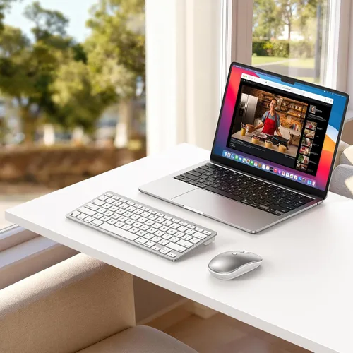 Vista 2 de Teclado y mouse inalámbricos para Mac, teclado de 14 atajos multimedia con mouse DPI ajustable, diseño delgado y portátil, conexión Bluetooth
