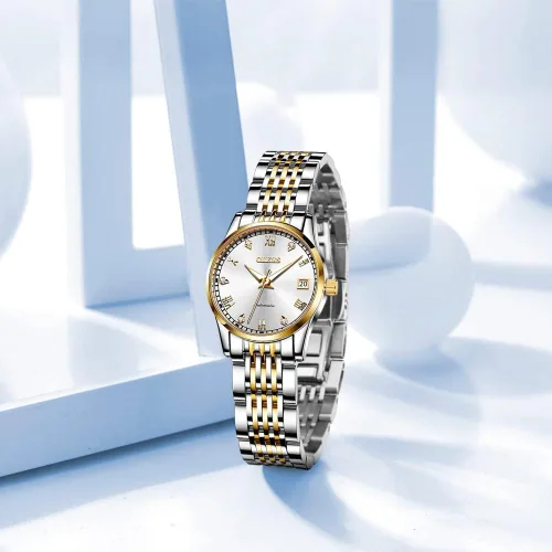 Vista 7 de OLEVS Relojes automáticos para mujer, relojes de pulsera pequeños de acero inoxidable para mujer, pulsera de tono dorado y plateado