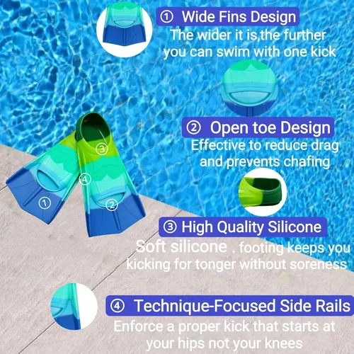 Vista 7 de Fadgesy - Aletas de entrenamiento de natación, cómodas aletas de silicona para nadar y bucear, tamaño adecuado para niños, niñas, niños y adultos