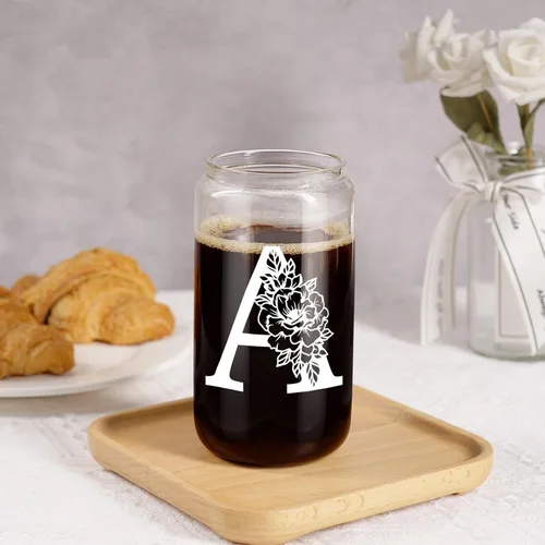 Vista 7 de Taza de Vidrio Inicial Coolife, Regalos Personalizados para Mujeres, Tazas de Vidrio de 16 oz con Tapas y Popotes, Taza para Café Helado, Licuado