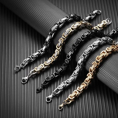 Vista 5 de JQWL Flat Byzantine Bracelet 8mm Wide Stainless Steel Punk Cool Link Bracelet Chunky Heavy Chain Fashion Curb Cuban Chain Bracelet for Men Women