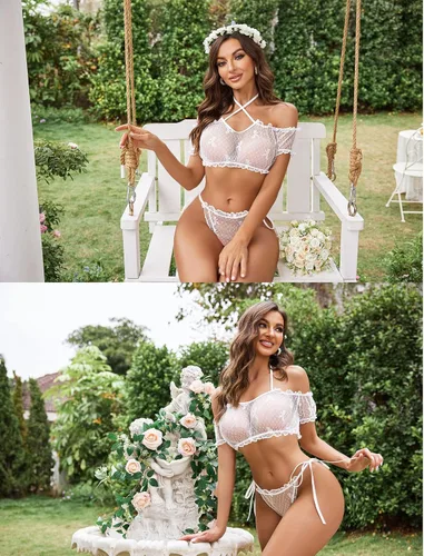 Vista 142 de Avidlove - Conjunto de brasier y braga con volantes, conjunto de lencería tipo babydoll de malla