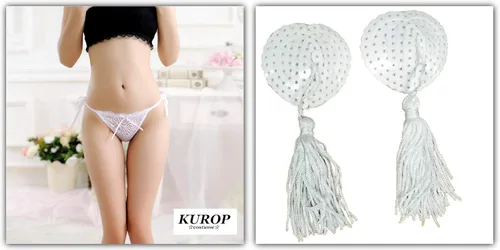 Vista 2 de Kurop Ropa interior sexy ajustable para mujer y reutilizable de silicona con lentejuelas adhesivas para pezón con borla