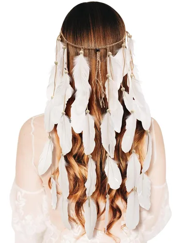 Vista 8 de XunYee - Diadema de plumas, mediana, estilo borla, color beige