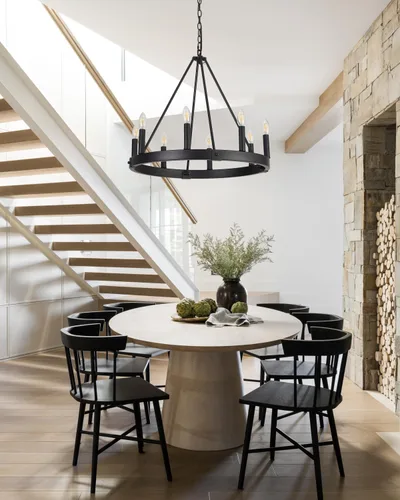 Vista 7 de Candelabro de 8 luces con rueda de carro, de 24 pulgadas, color negro, redondo, para comedor, moderna e industrial, isla de cocina, lámparas