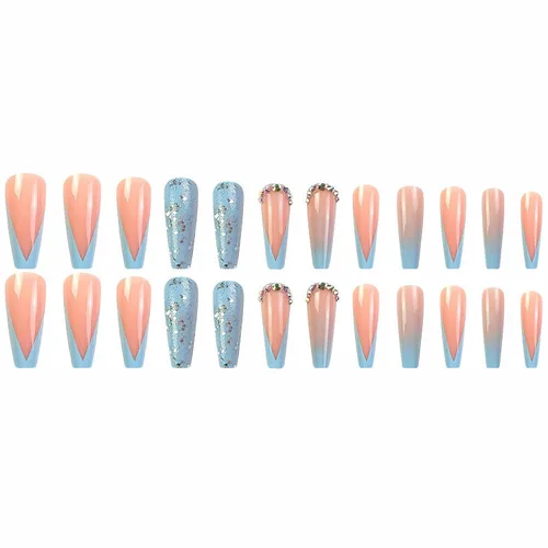 Vista 2 de MISUD - Uñas postizas a presión largas en forma de ataúd con pegamento, diseño de punta francesa acrílica azul de verano, 24 piezas