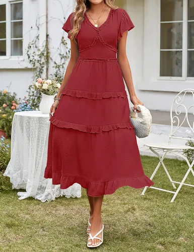 Vista 7 de MEROKEETY Vestido de verano casual para mujer 2023 con cuello en V, manga con volados, cintura alta, volantes y escalonado