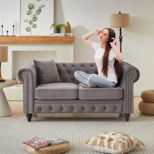 Vista 9 de Sofá Chesterfield de terciopelo grande de 85.5 pulgadas, sofá moderno de 3 plazas con brazos enrollados con diseño de botón y 2 cojines para sala