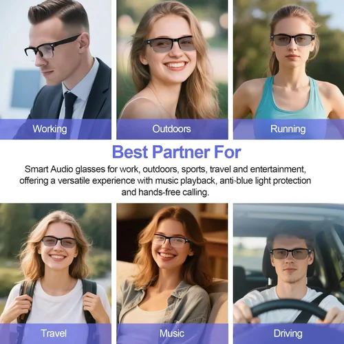 Vista 7 de Lentes inteligentes para hombres y mujeres, gafas Bluetooth con lentes fotocromáticas, micrófono y altavoces integrados, IPX5 impermeable, asistente