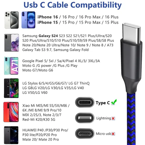 Vista 6 de Cable de carga USB tipo C de 10 pies, 3 unidades, USB A a USB C, cable de carga rápida compatible con iPhone 16 15 Pro Max, Samsung Galaxy S24 S23