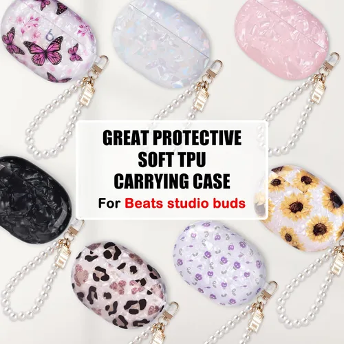 Vista 7 de Diseño de carcasa de mármol con purpurina para Beats Studio Buds con cadena de muñeca de perla, llavero con cubierta protectora de piel brillante