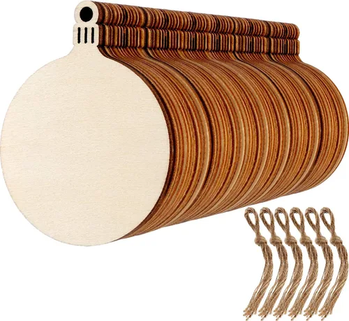 Vista 9 de Blulu 60 Pieces Christmas Wooden Ornaments 3.5" Round Wood Slices Snowflake Angel Shape with Cords for DIY Crafts New Year Christmas Tree Pendant