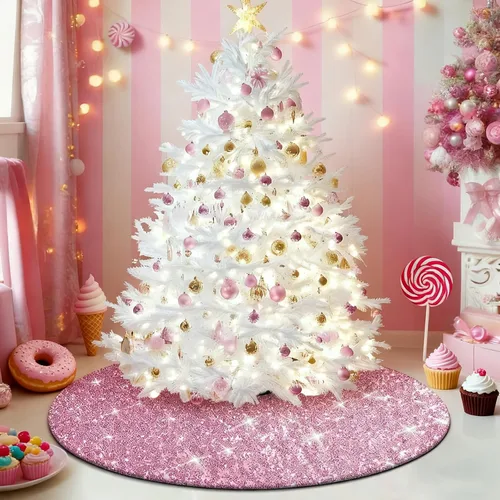 Vista 3 de yuboo Falda de árbol de Navidad rosa, 30 pulgadas, con lentejuelas pequeñas con purpurina rosa, adornos de árbol de San Valentín para lápiz, árbol
