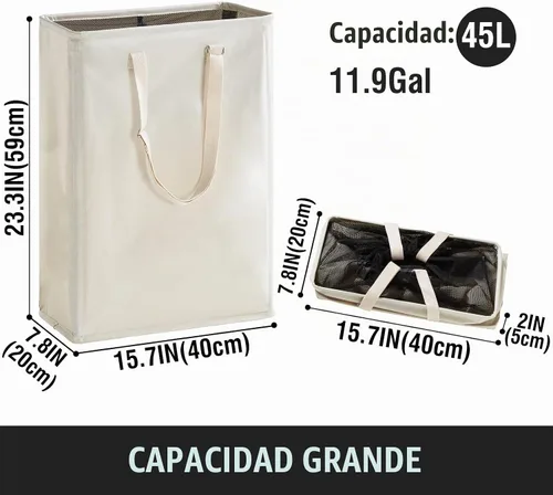 Vista 5 de Cesta de lavandería delgada de 45L con asas largas ajustables y parte superior de malla, color beige