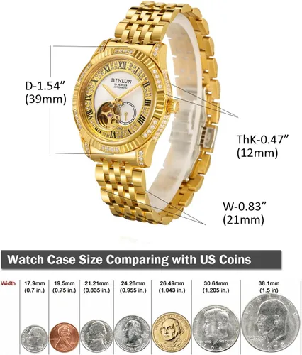 Vista 19 de BINLUN Reloj de pulsera para hombre, mecánico automático, reloj dorado con cuerda automática, elegante, chapado en oro de 18 quilates, relojes