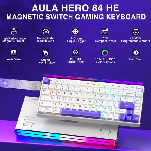Vista 2 de Aula Hero 84 HE - Teclado mecánico para juegos al 75% con cable, interruptores magnéticos, teclado de efecto Hall intercambiable en caliente, modo