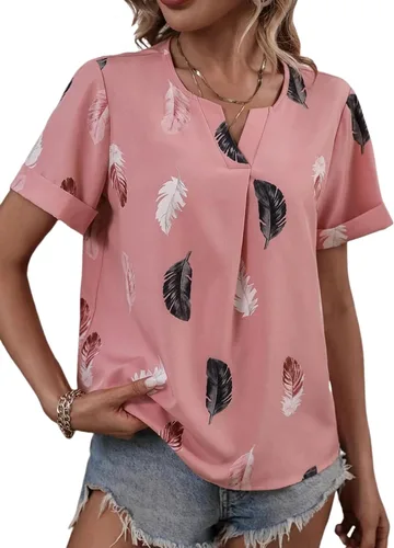 Vista 4 de LYANER Blusa casual de manga corta con cuello en V y estampado de plumas para mujer
