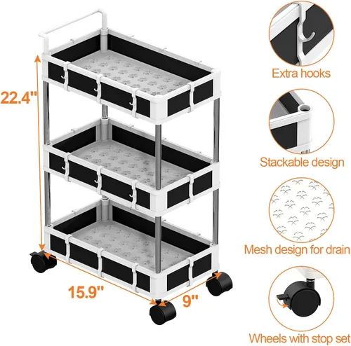 Vista 2 de NUNET Organizador debajo del fregadero con ruedas de bloqueo y asa de 2/3/4 niveles ajustable pequeño carrito rodante para almacenamiento, carrito