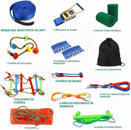 Vista 2 de Ninja Warrior Kit de carrera de obstáculos para niños Ninja Slackline con 10 accesorios, barras de mono, escalera, cuerda de escalada, anillos