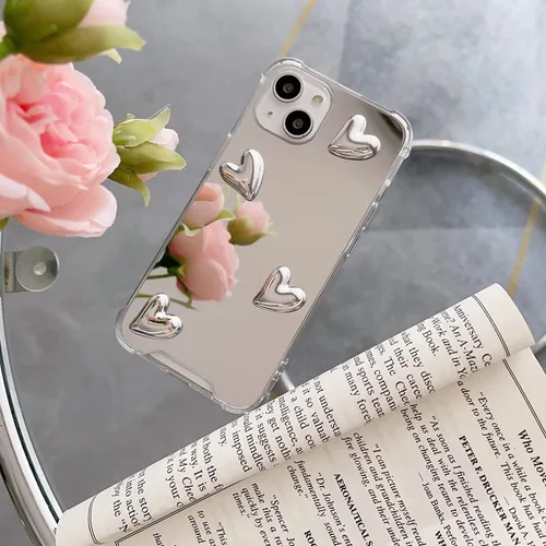 Vista 2 de Compatible con funda para iPhone 11, espejo de plata senior con diseño de corazón lindo, funda de silicona transparente y suave con espejo