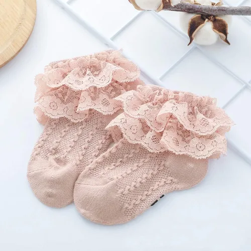 Vista 6 de Colorful Childhood Calcetines de encaje con volantes y ojales para bebés y niñas pequeñas, calcetines cortos de doble encaje para recién nacidosbebés