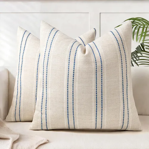 Vista 12 de AELS Fundas de Almohada Decorativas de Lino Estilo Granja de 16x16, Funda de Almohada con Textura Boho, Juego de 2, Beige con Rayas de Hilo Teñido