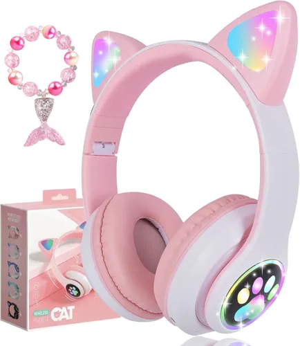 Vista 7 de Auriculares inalámbricos para niños y niñas con orejas de gato, LED que brillan con luces Bluetooth con micrófono para Negro