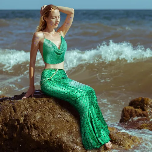 Vista 5 de Jiuguva 5 piezas de disfraz de sirena para mujer, falda de cadena metálica, estrella de mar, clip para el cabello, gel con purpurina para Halloween