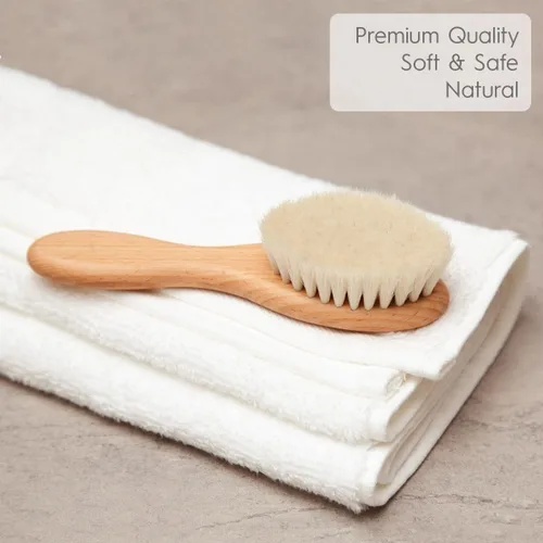 Vista 3 de AYNEFY Cepillo de pelo de bebé, mango de madera, pelo de cabra suave, peine de masaje para recién nacidos, cepillo de madera para la salud del cuero
