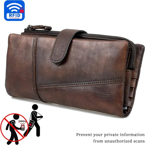Vista 4 de Cartera de cuero vintage de gran capacidad para mujer, embrague para tarjetas de crédito, Dcoffee, Vintage